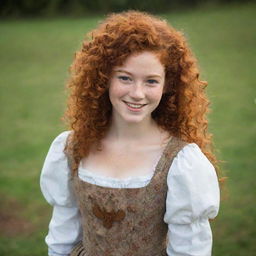 A radiantly smiling 16-year-old girl with vividly curly red hair, a dusting of freckles, and dusky skin tone. She's garbed in an 18th century British inspired outfit, flaunting an emblem of the Taurus zodiac sign on her dress