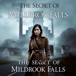 A captivating book cover for 'The Secret Of Millbrook Falls', featuring Detective Sarah Chen in a thoughtful pose, wearing a stylish trench coat