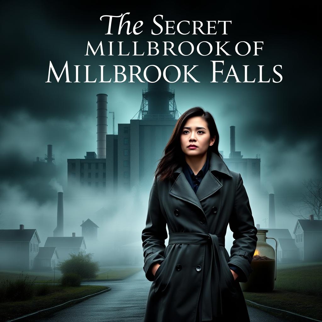 A captivating book cover for 'The Secret Of Millbrook Falls', featuring Detective Sarah Chen in a thoughtful pose, wearing a stylish trench coat