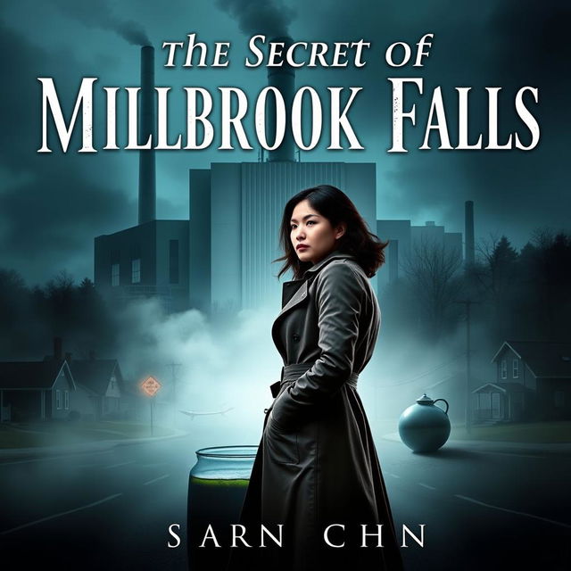 A captivating book cover for 'The Secret Of Millbrook Falls', featuring Detective Sarah Chen in a thoughtful pose, wearing a stylish trench coat