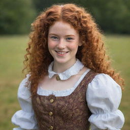 A radiantly smiling 16-year-old girl with vividly curly red hair, a dusting of freckles, and dusky skin tone. She's garbed in an 18th century British inspired outfit, flaunting an emblem of the Taurus zodiac sign on her dress