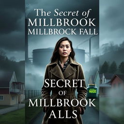 A captivating book cover for 'The Secret Of Millbrook Falls', featuring Detective Sarah Chen in a thoughtful pose, wearing a stylish trench coat