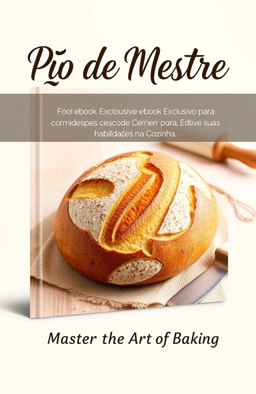 An enticing cover design for an ebook titled 'Pão de Mestre: Ebook Exclusivo para Elevar suas Habilidades na Cozinha'