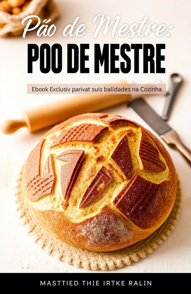 An enticing cover design for an ebook titled 'Pão de Mestre: Ebook Exclusivo para Elevar suas Habilidades na Cozinha'