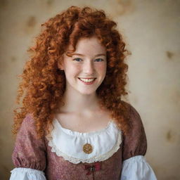 A radiantly smiling 16-year-old girl with vividly curly red hair, a dusting of freckles, and dusky skin tone. She's garbed in an 18th century British inspired outfit, flaunting an emblem of the Taurus zodiac sign on her dress