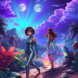 A vibrant and lush science fiction landscape set on a tropical island, featuring two human girls