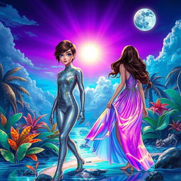 A vibrant and lush science fiction landscape set on a tropical island, featuring two human girls