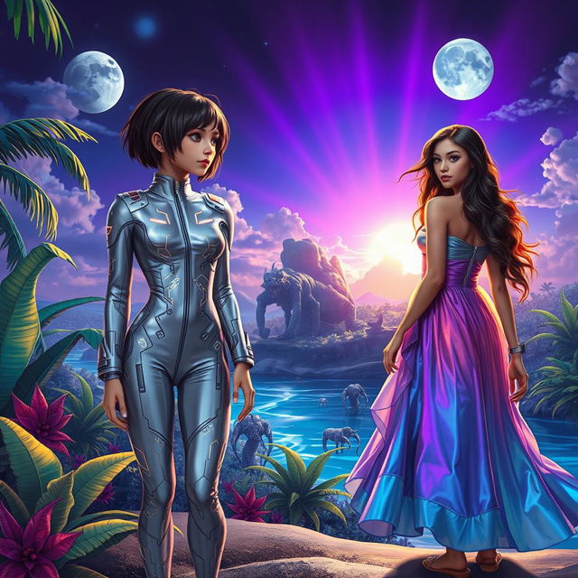 A vibrant and lush science fiction landscape set on a tropical island, featuring two human girls