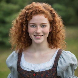 A radiantly smiling 16-year-old girl with vividly curly red hair, a dusting of freckles, and dusky skin tone. She's garbed in an 18th century British inspired outfit, flaunting an emblem of the Taurus zodiac sign on her dress