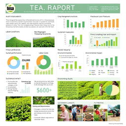 A detailed and informative audit report for a tea plantation, showcasing various sections including assessment of land use, crop management practices, labor conditions, sustainability measures, financial performance, and environmental impact