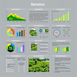A detailed and informative audit report for a tea plantation, showcasing various sections including assessment of land use, crop management practices, labor conditions, sustainability measures, financial performance, and environmental impact