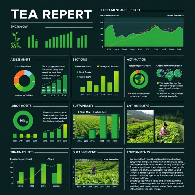 A detailed and informative audit report for a tea plantation, showcasing various sections including assessment of land use, crop management practices, labor conditions, sustainability measures, financial performance, and environmental impact