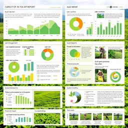 A detailed and informative audit report for a tea plantation, showcasing various sections including assessment of land use, crop management practices, labor conditions, sustainability measures, financial performance, and environmental impact
