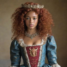 A 16-year-old girl with lively curly red hair, dark skin adorned with notable freckles. She's clad in an elaborate 18th century British outfit featuring an emblem of the Taurus zodiac sign creatively incorporated into the dress