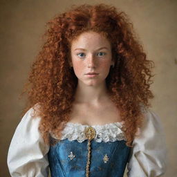 A 16-year-old girl with lively curly red hair, dark skin adorned with notable freckles. She's clad in an elaborate 18th century British outfit featuring an emblem of the Taurus zodiac sign creatively incorporated into the dress