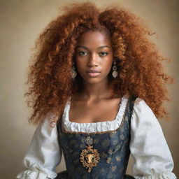 A 16-year-old girl with lively curly red hair, dark skin adorned with notable freckles. She's clad in an elaborate 18th century British outfit featuring an emblem of the Taurus zodiac sign creatively incorporated into the dress