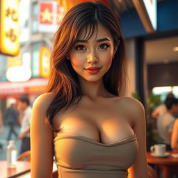 A realistic scene featuring a stunning Japanese woman with a perfect figure, accentuated by her beautiful curves and prominent breasts