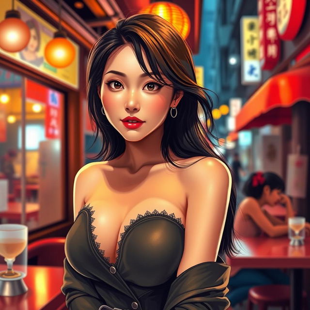 A realistic scene featuring a stunning Japanese woman with a perfect figure, accentuated by her beautiful curves and prominent breasts