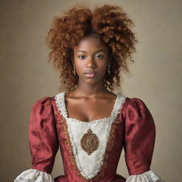 A 16-year-old girl with lively curly red hair, dark skin adorned with notable freckles. She's clad in an elaborate 18th century British outfit featuring an emblem of the Taurus zodiac sign creatively incorporated into the dress