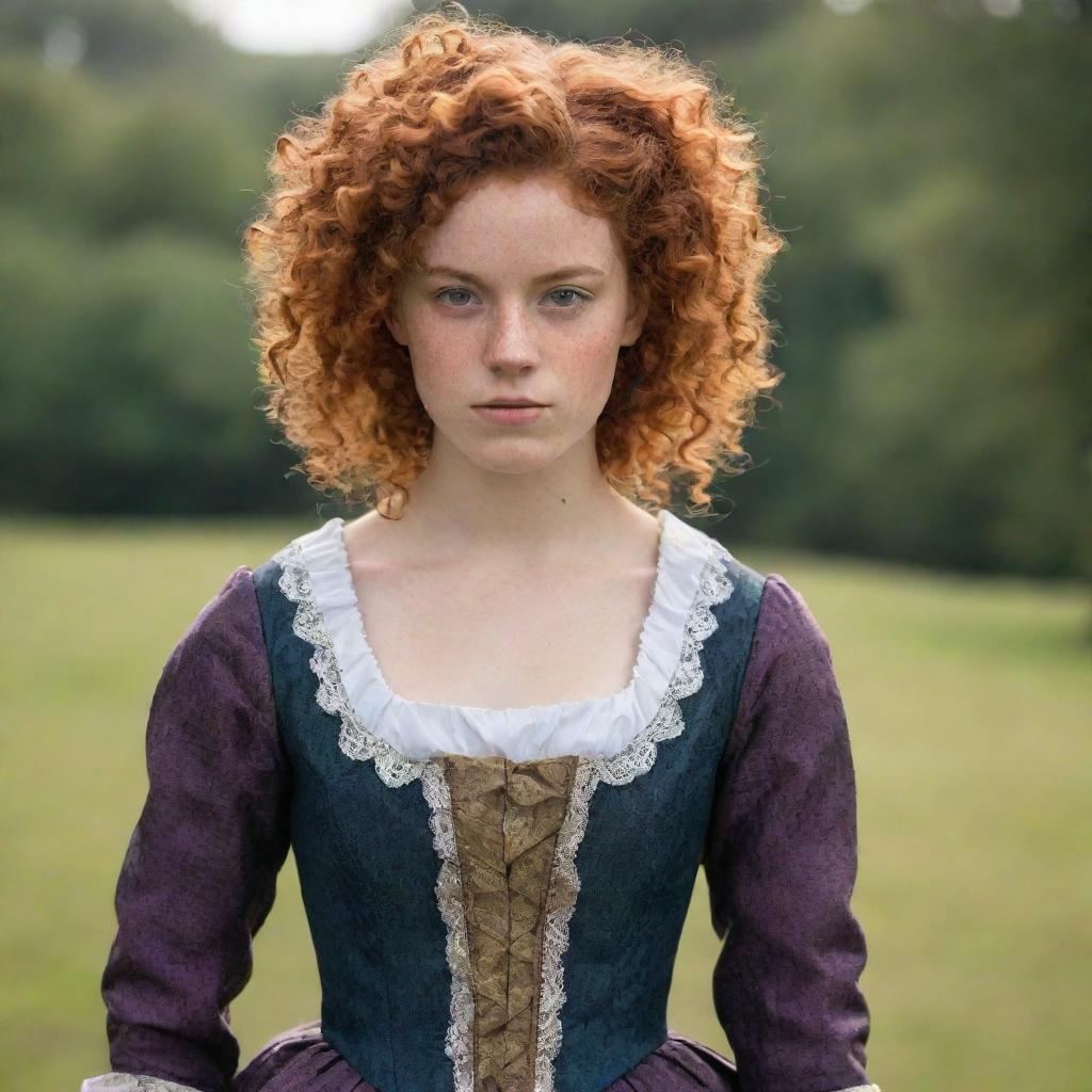 A determined 16-year-old girl with vibrant curly red hair, engaging freckles, and rich brown skin. She's dressed in an 18th century British inspired outfit, her dress boasting an emblem of the Taurus zodiac. Her eyes reflect the spirit of a fighter