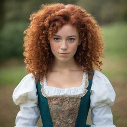 A determined 16-year-old girl with vibrant curly red hair, engaging freckles, and rich brown skin. She's dressed in an 18th century British inspired outfit, her dress boasting an emblem of the Taurus zodiac. Her eyes reflect the spirit of a fighter