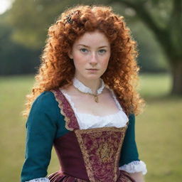 A determined 16-year-old girl with vibrant curly red hair, engaging freckles, and rich brown skin. She's dressed in an 18th century British inspired outfit, her dress boasting an emblem of the Taurus zodiac. Her eyes reflect the spirit of a fighter