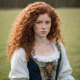 A determined 16-year-old girl with vibrant curly red hair, engaging freckles, and rich brown skin. She's dressed in an 18th century British inspired outfit, her dress boasting an emblem of the Taurus zodiac. Her eyes reflect the spirit of a fighter