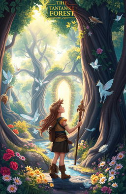 A whimsical fantasy novel cover illustration featuring a beautifully detailed, enchanted forest