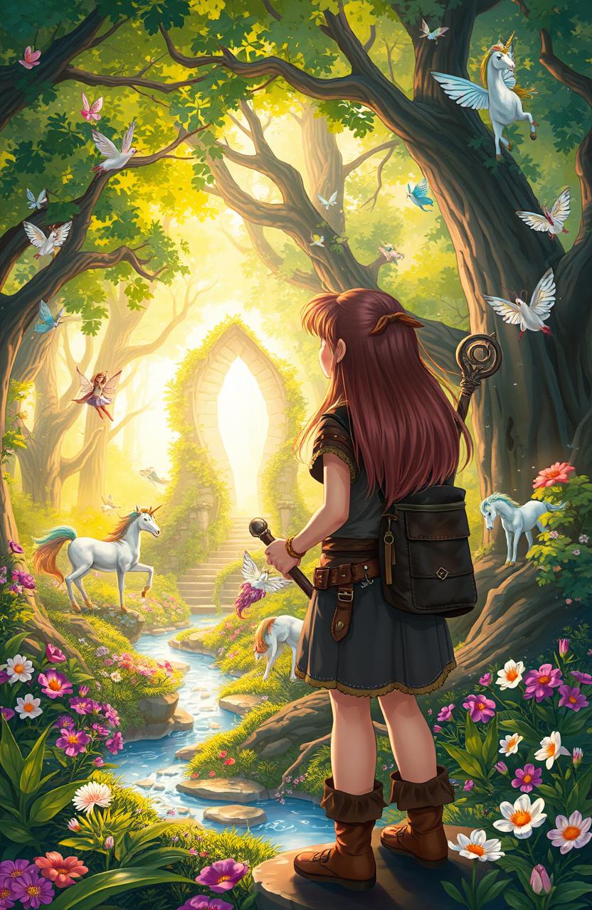 A whimsical fantasy novel cover illustration featuring a beautifully detailed, enchanted forest