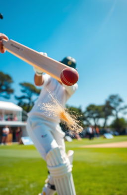 A close-up action shot of a cricket player striking a cricket ball with a bat