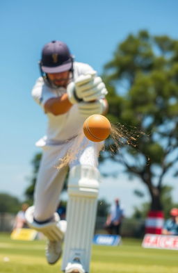 A close-up action shot of a cricket player striking a cricket ball with a bat