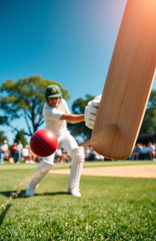 A close-up action shot of a cricket player striking a cricket ball with a bat