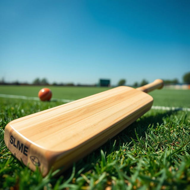 A beautifully detailed image of a classic cricket bat resting on a green cricket pitch