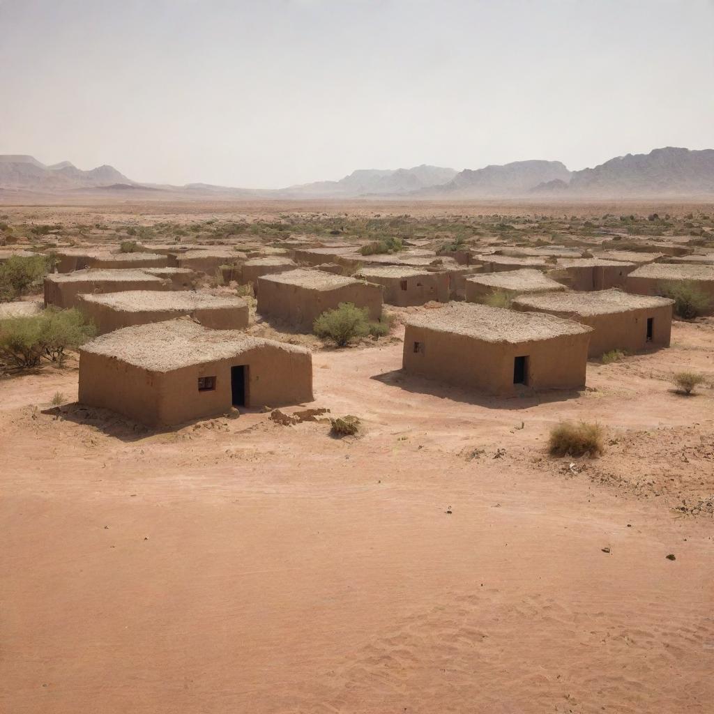 A vast desert landscape under the blazing sun, with a small village of scattered traditional mud-brick houses aside an oasis.