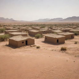 A vast desert landscape under the blazing sun, with a small village of scattered traditional mud-brick houses aside an oasis.