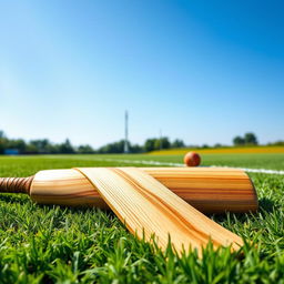A beautifully detailed image of a classic cricket bat resting on a green cricket pitch