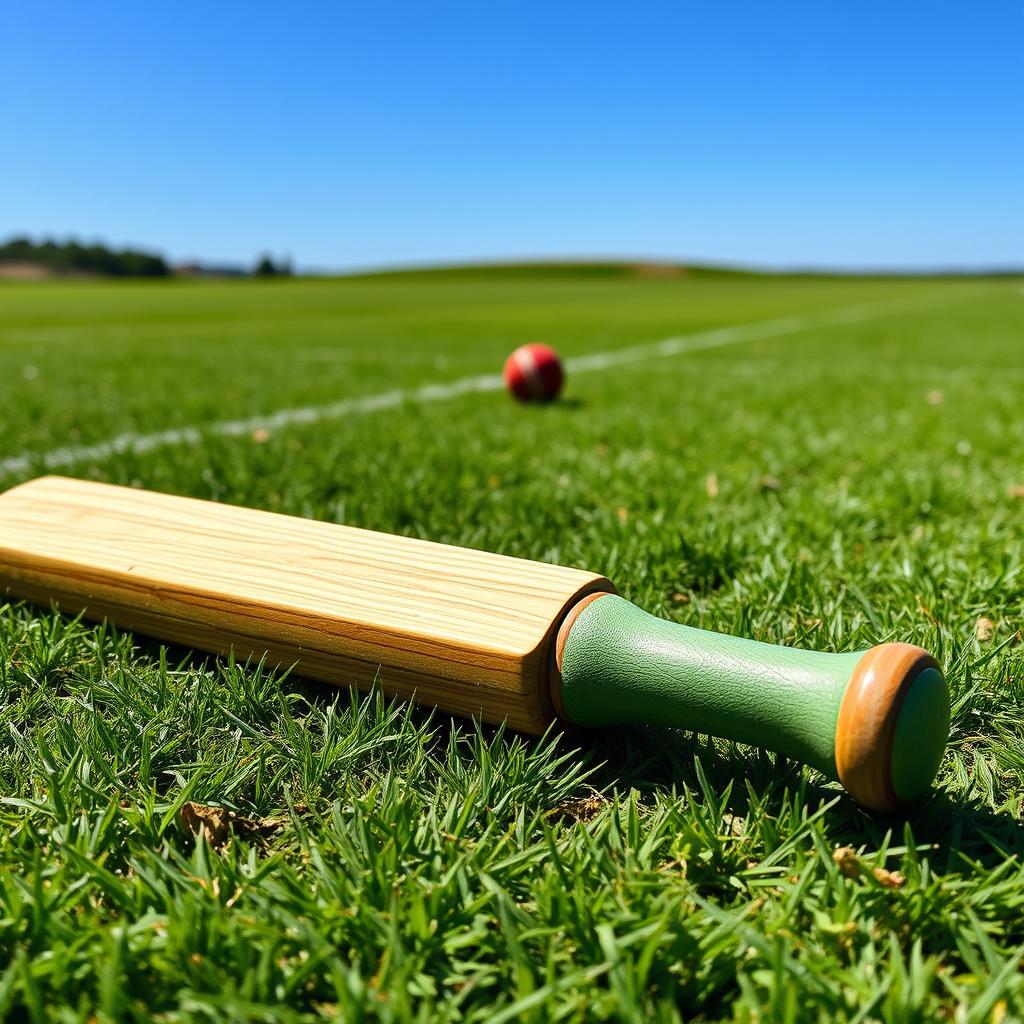 A beautifully detailed image of a classic cricket bat resting on a green cricket pitch