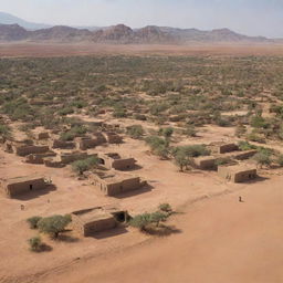 A vast desert landscape under the blazing sun, with a small village of scattered traditional mud-brick houses aside an oasis.