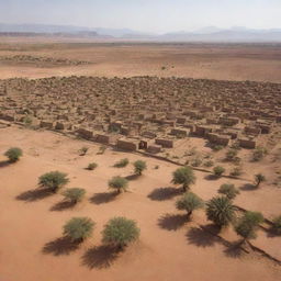 A vast desert landscape under the blazing sun, with a small village of scattered traditional mud-brick houses aside an oasis.