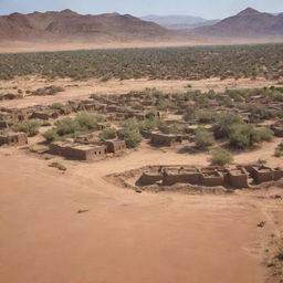 A vast desert landscape under the blazing sun, with a small village of scattered traditional mud-brick houses aside an oasis.
