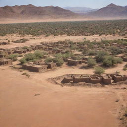 A vast desert landscape under the blazing sun, with a small village of scattered traditional mud-brick houses aside an oasis.