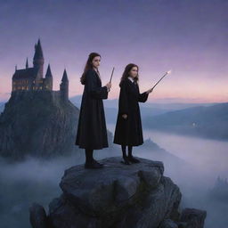 Twilight scene featuring a young witch standing on a rock, holding a magic wand, with a mysterious castle in the background, all in the style of Harry Potter.