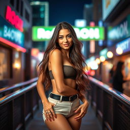 A sexy girl standing confidently in a stylish urban setting