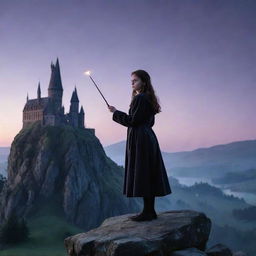 Twilight scene featuring a young witch standing on a rock, holding a magic wand, with a mysterious castle in the background, all in the style of Harry Potter.