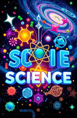 A vibrant, science-themed graphic featuring an array of colorful molecules, atoms, and celestial space elements, amidst a backdrop of swirling stars and vivid nebulae