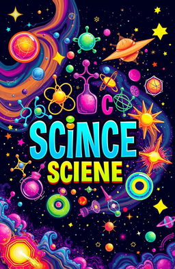 A vibrant, science-themed graphic featuring an array of colorful molecules, atoms, and celestial space elements, amidst a backdrop of swirling stars and vivid nebulae
