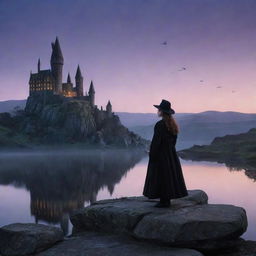 Twilight scene featuring a young witch standing on a rock, holding a magic wand, with a mysterious castle in the background, all in the style of Harry Potter.