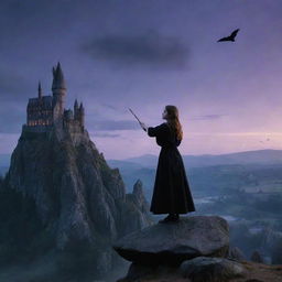 Twilight scene featuring a young witch standing on a rock, holding a magic wand, with a mysterious castle in the background, all in the style of Harry Potter.