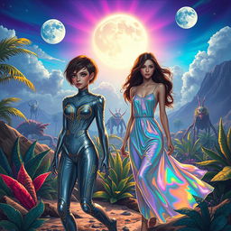 A vibrant and lush science fiction landscape set on a tropical island, featuring two human girls