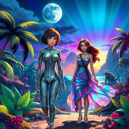 A vibrant and lush science fiction landscape set on a tropical island, featuring two human girls